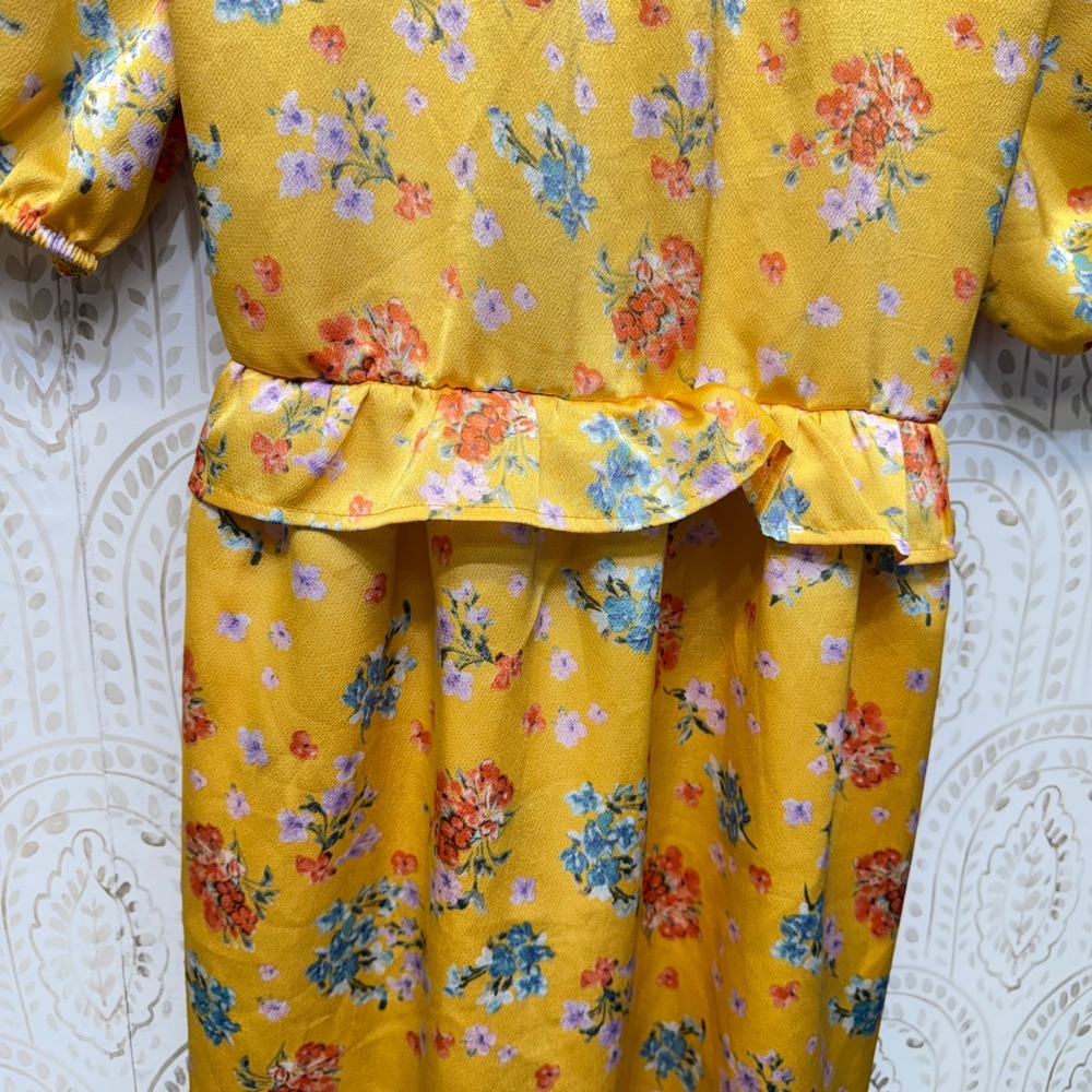 Velvet Torch Mini Dress Women XL Yellow Floral Ruffle Puff Sleeve Keyhole Back - Picture 6 of 9